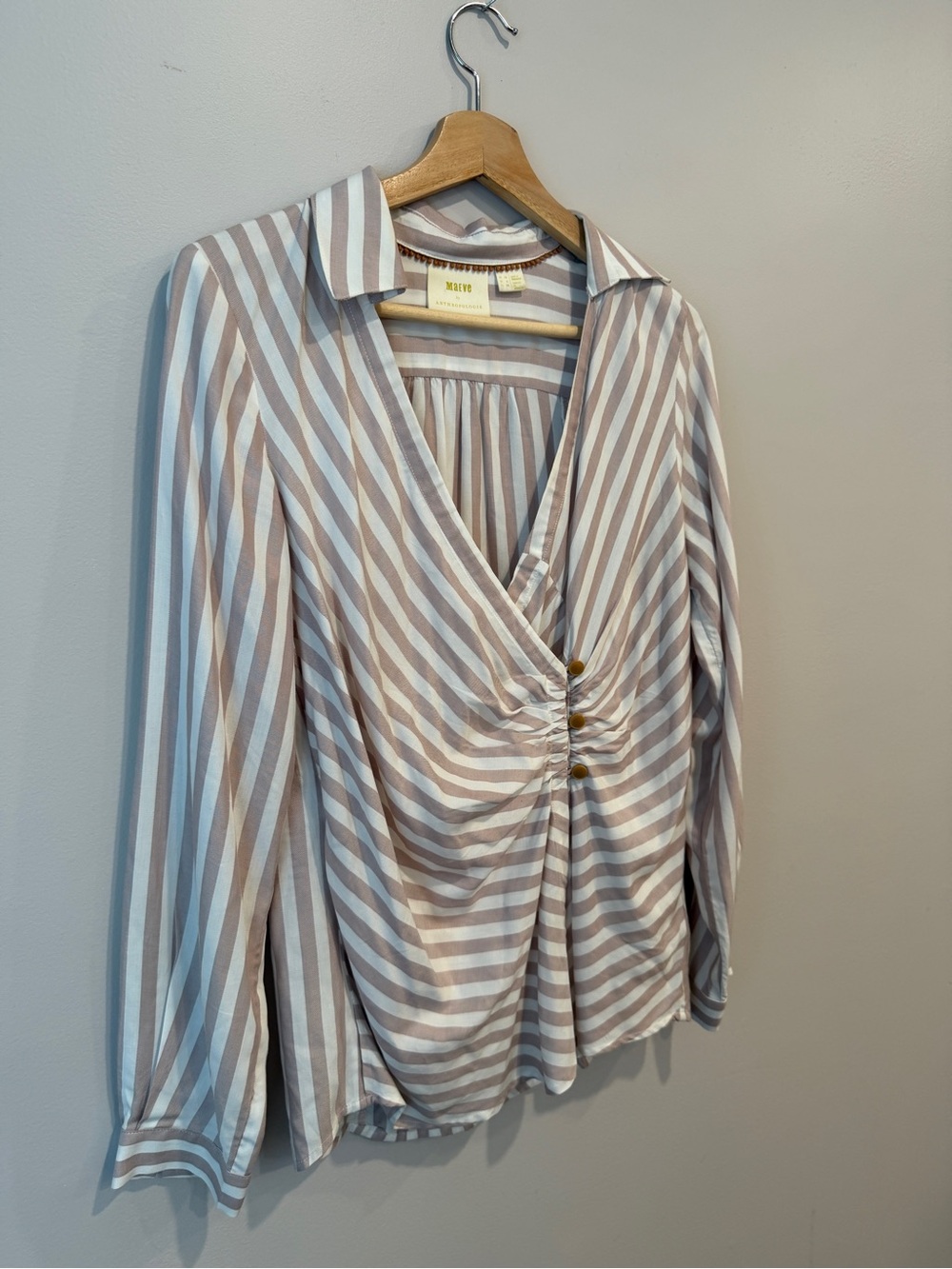 Maeve by Anthropologie Striped Ruched V-Neck Blouse Womens Size 6 - Picture 4 of 8